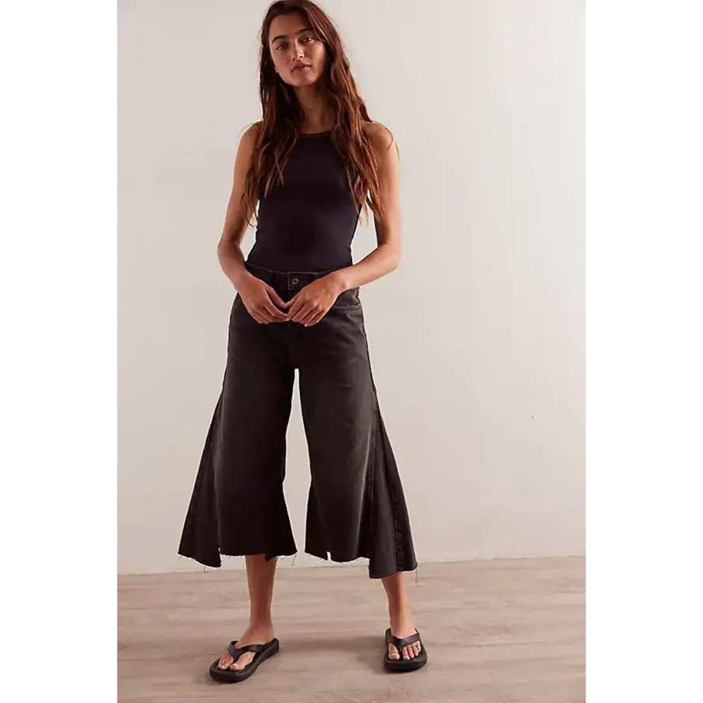 New We The Free Jeans Ripple Wide Leg Crop 24 L Black High Rise Raw Frayed Hem‎